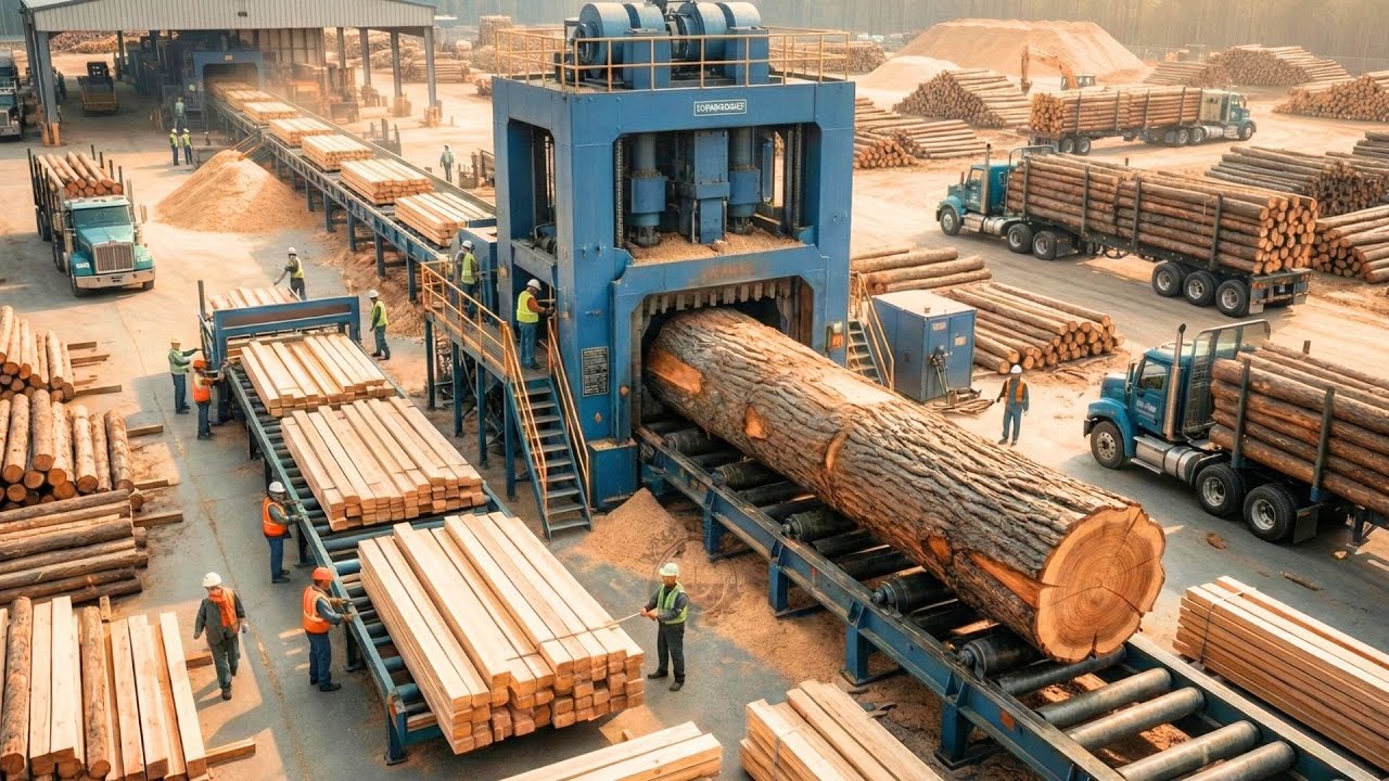 INSIDE AMERICA’S GIANT WOOD SAWMILL PLANT – HOW OAK LOGS BECOME CONSTRUCTION LUMBER