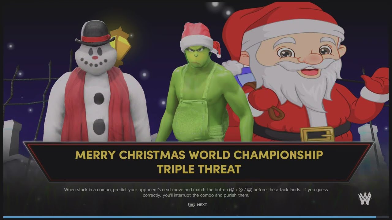 WWE 2K24 Santa vs Snowman vs The Grinch Triple thrat match WWE Christmas championship match