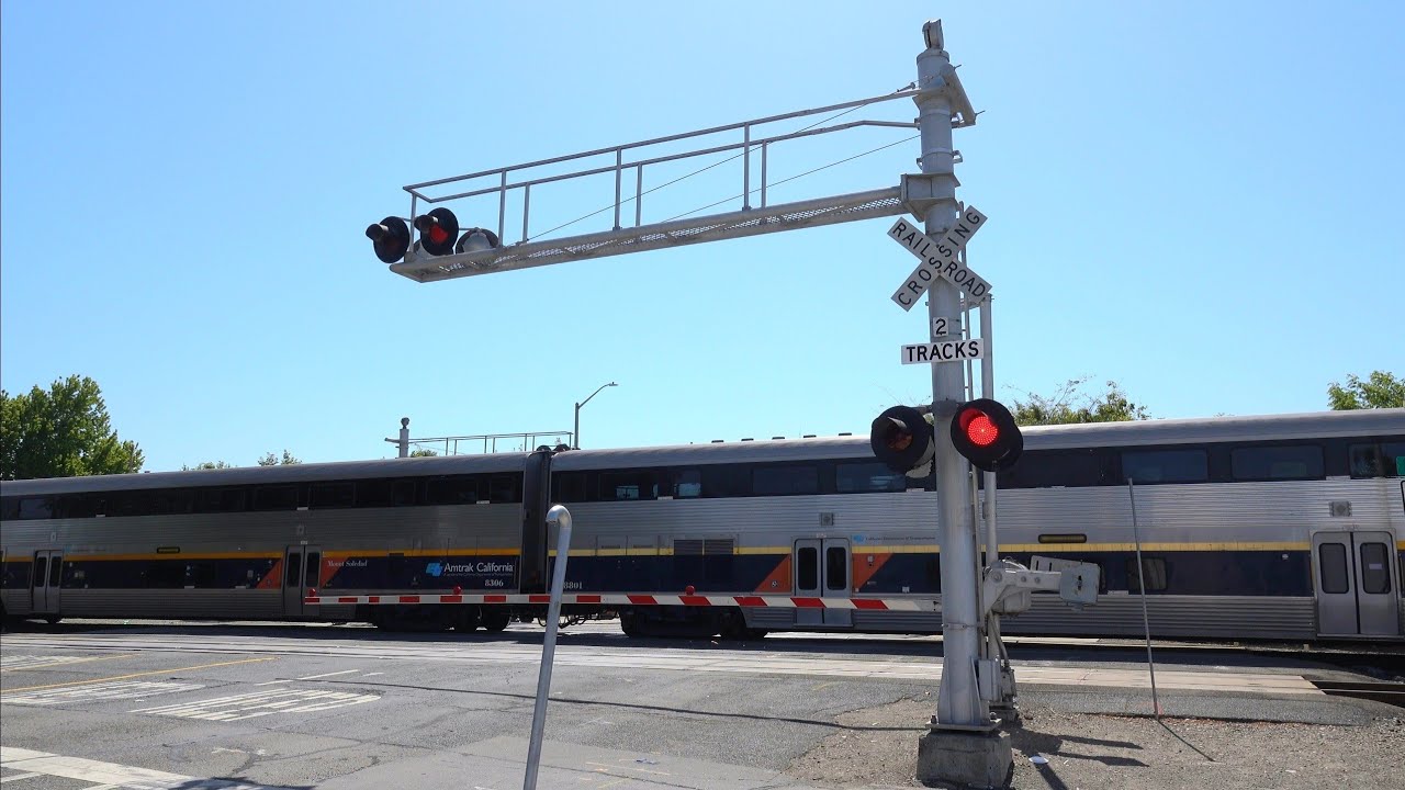 Amtrak CDTX 8306 P5 Cab Leads #728 Capitol Corridor East, Fremont Blvd. Railroad Crossing Fremont CA