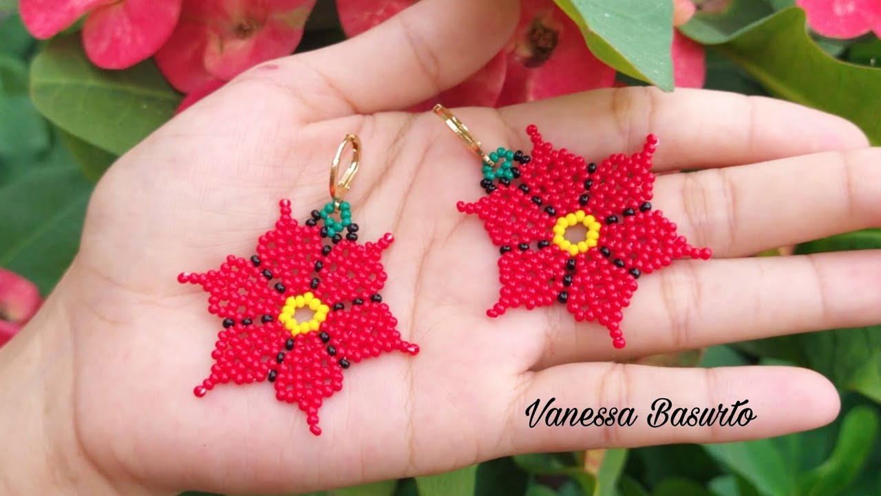 ARETES DE CHAQUIRA/MOSTACILLA EN FORMA DE NOCHEBUENA (SUPER FACIL)| Easy christmas beaded earrings