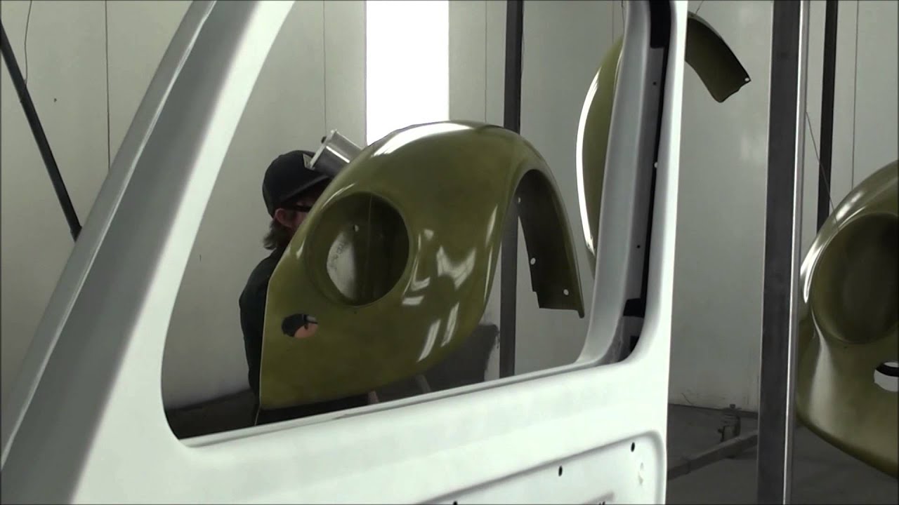 First Spray of VW Factory color ICELAND GREEN goes on the early 1955 OVAL BUG