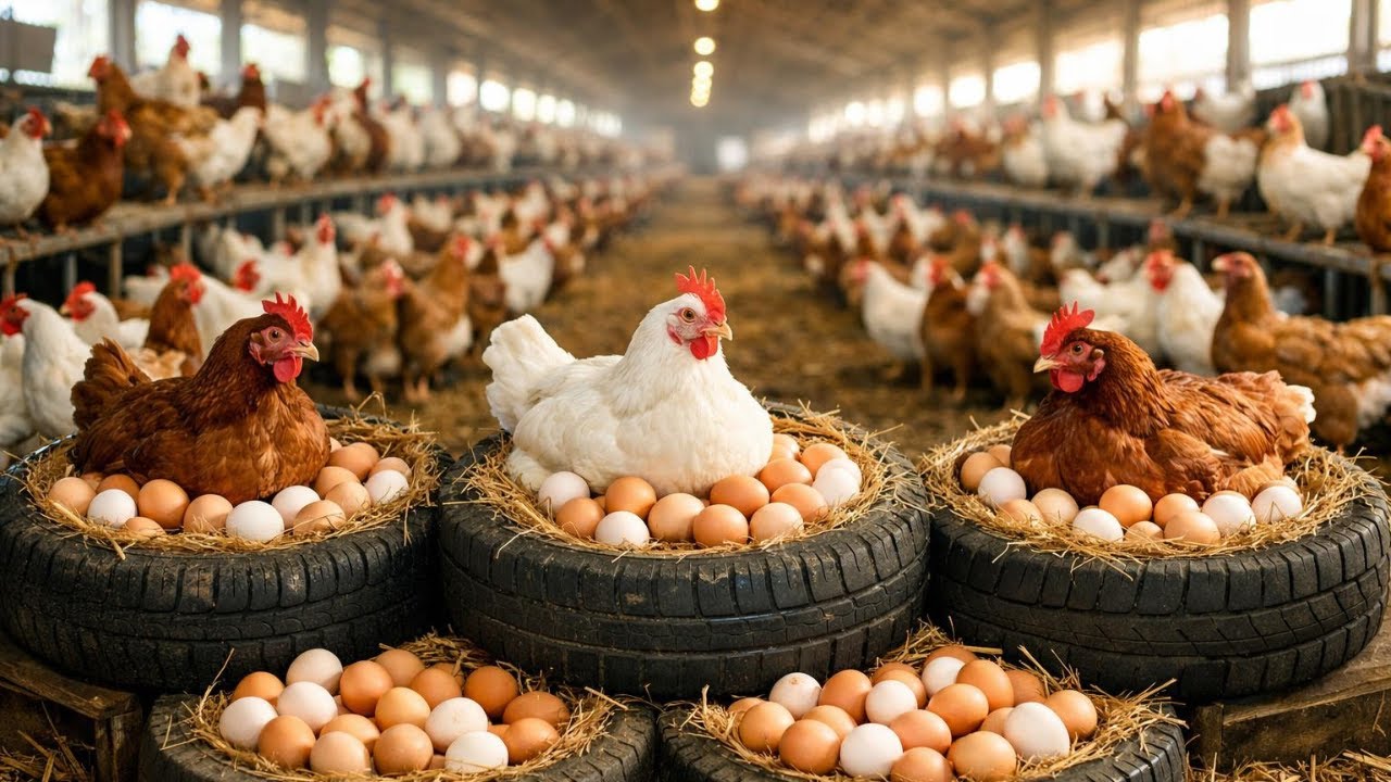 Peaceful rural life - Raising chickens for egg production - Harvesting super-laying eggs.