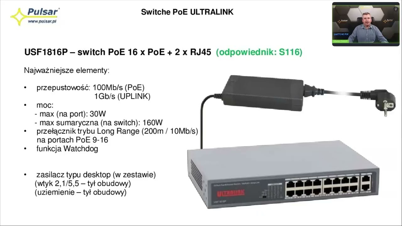 Switche PoE firmy Pulsar, seria USF. Switche PoE linii Ultralink,: 4, 8, 16 portowe + 2 UpLink RJ45