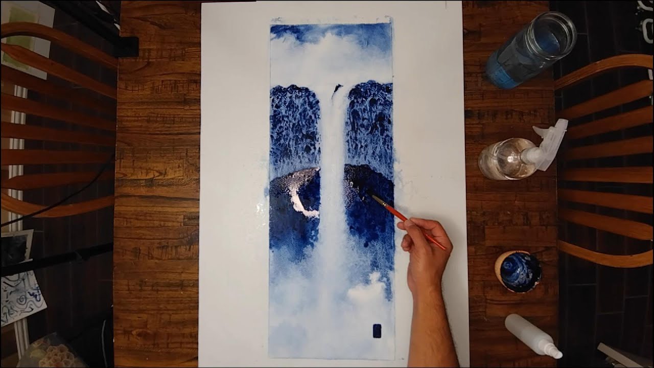 Monochromatic Loose Watercolor of Rainbow Falls Waterfall – Hilo, Hawaii | Blue Landscape Study
