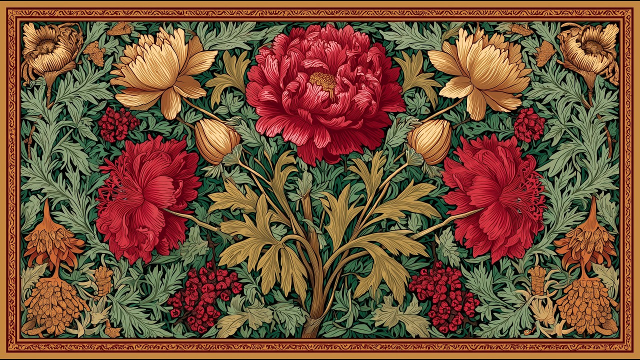 May Morris Red Floral | TV Art | Art Nouveau | Silent Screensaver 2 Hour Loop No Music