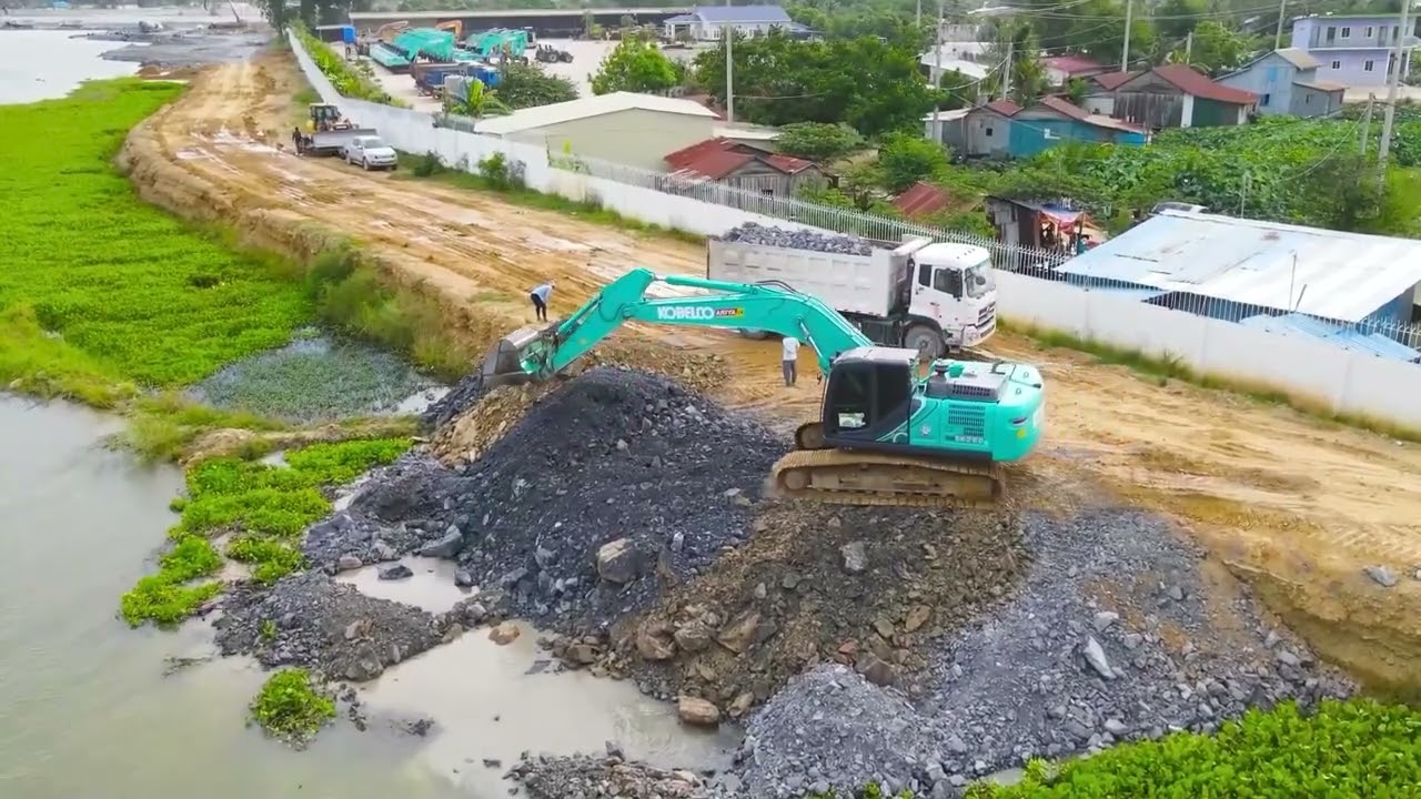 Best Operation Big Machines SHANTUI Showing Skill Move Stone into Deep Water!! Dump Trucks Unloading