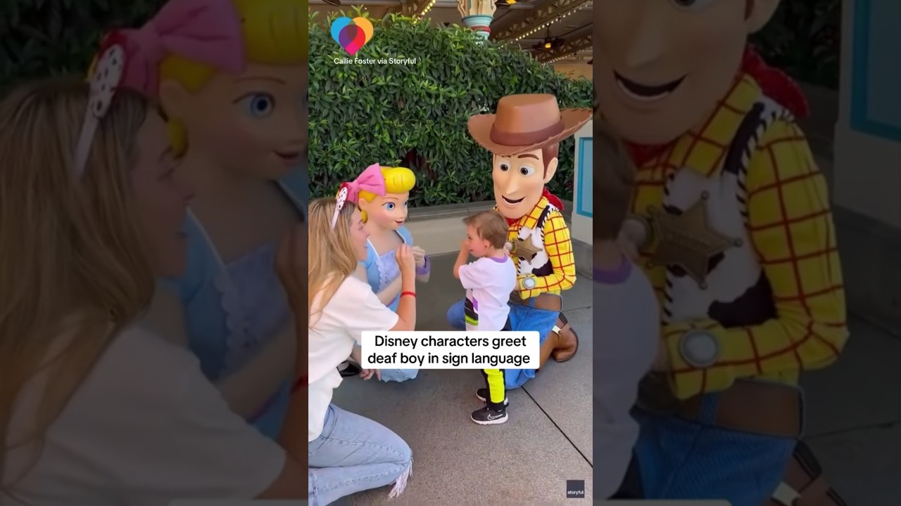 Disney characters greet deaf boy with sign language #shorts