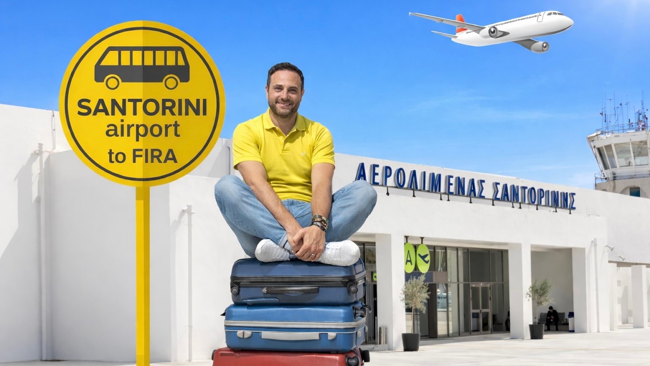 SANTORINI Aeroporto - Santorini bus transfer (Grecia) isole Cicladi. Bus aeroporto - Fira. #greece