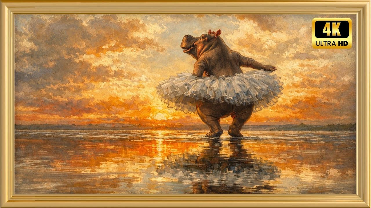Whimsical Hippo Ballet at Sunset Oil Painting | 4K TV Frame Art Wallpaper