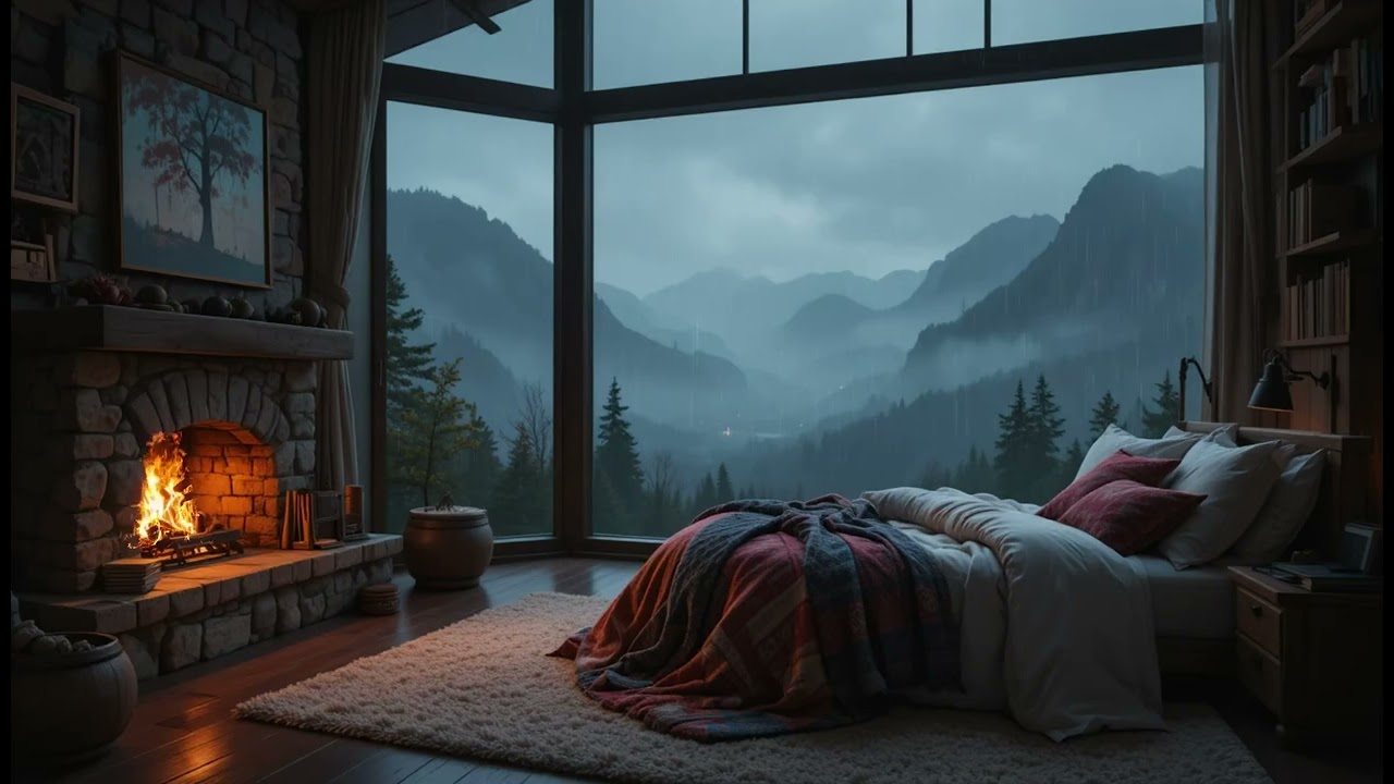 Cozy Mountain Bedroom Fireplace ASMR | Dark Foggy Night for Deep Sleep