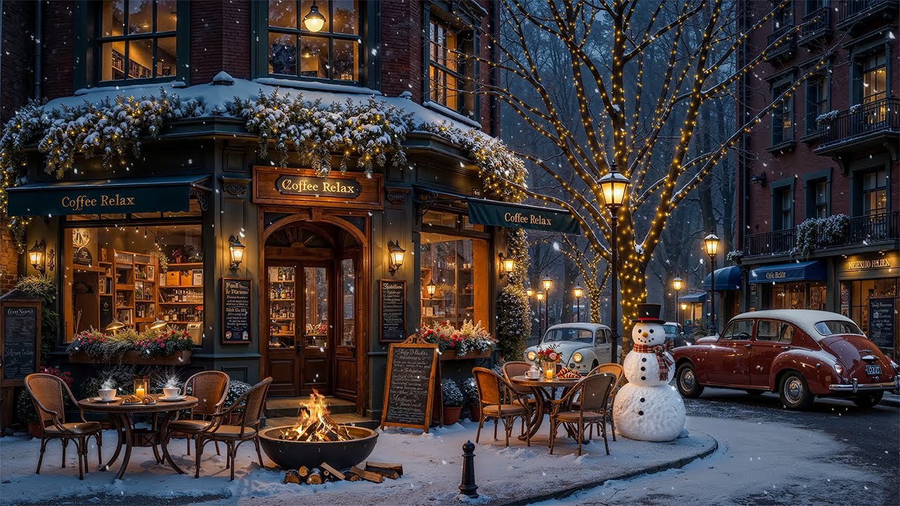 Relaxing Winter Jazz Music at Outdoor Coffee Shop Ambience ❄ Gently Jazz Background Music for Unind