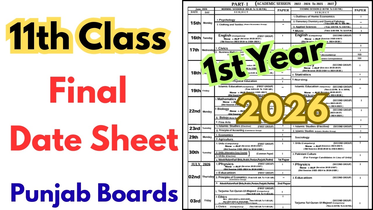 11th Class Date Sheet 2026 Punjab Boards | 1st Year Date Sheet 2026 | Class 11 Date Sheet 2026
