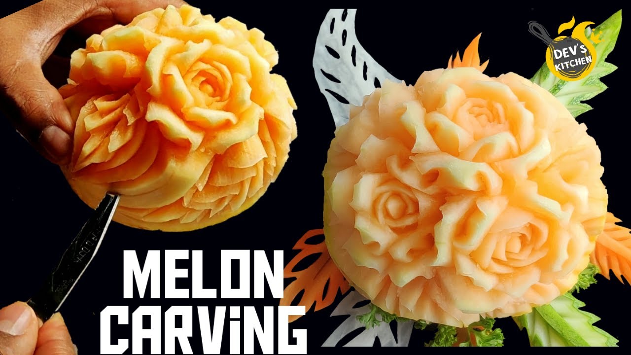 Flower carved in cantaloupe | Muskmelon carving | Cantaloupe carving| cantaloupe rose carving design