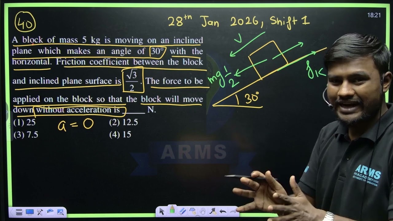 A block of mass 5 kg is moving on an inclined plane which makes an angle of 30 with the horizontal.