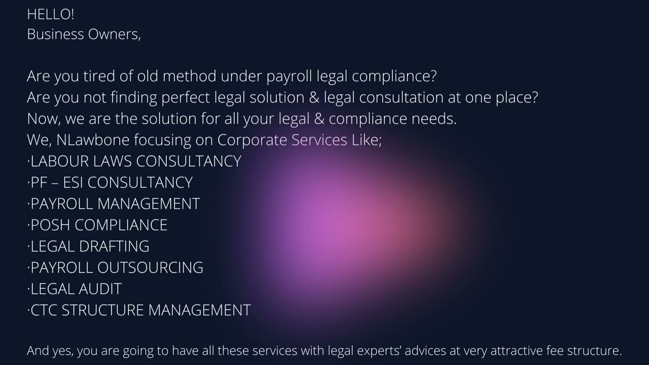 PF, ESI, LABOUR LAWS, PAYROLL, LEGAL AUDIT, ALL KIND OF LEGAL COMPLIANCE SERVICES @ NLAWBONE