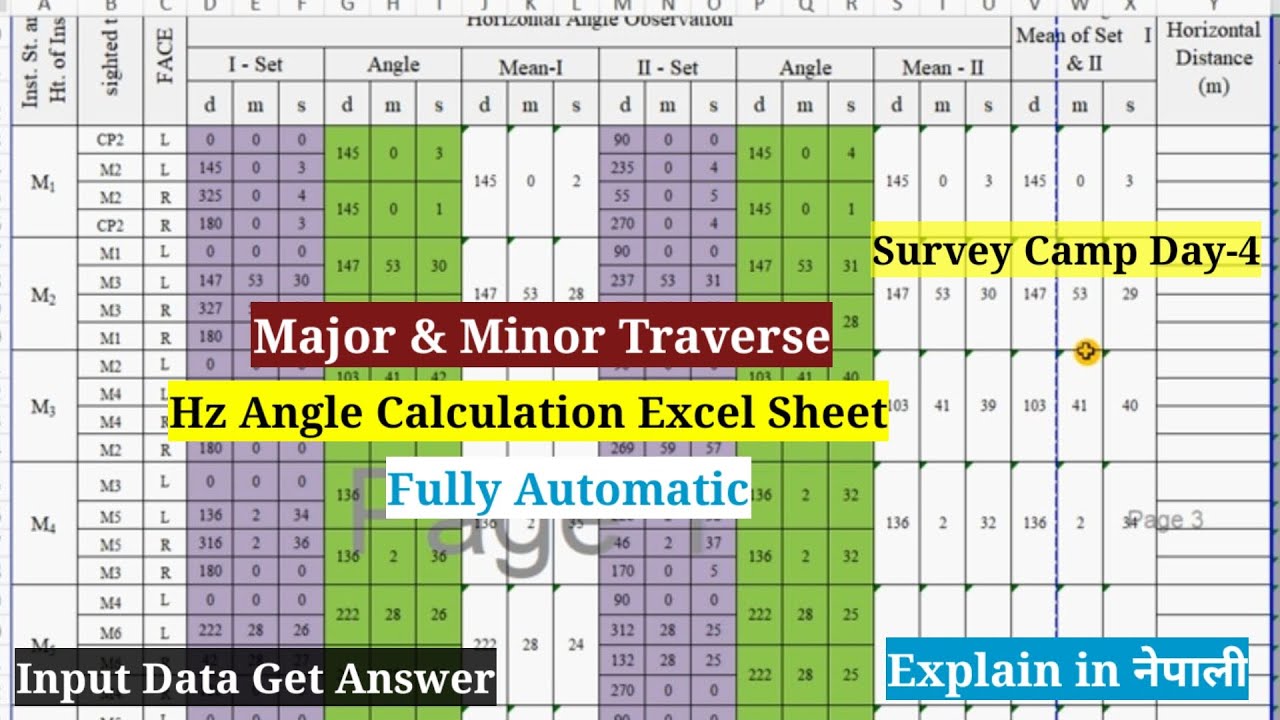 Major and Minor Traverse Angle Calculation Excel Sheet l Survey Camp Day-4