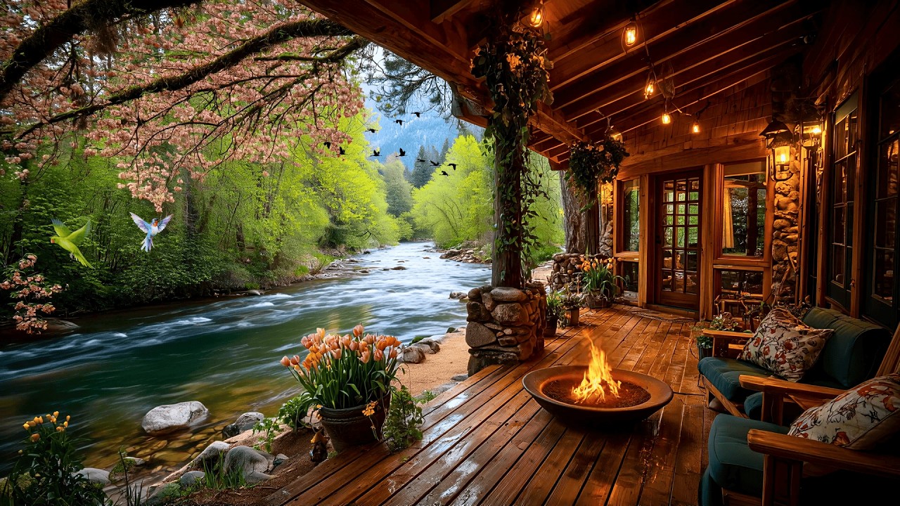 Spring Riverside Porch Relaxation 🌿 Cozy Crackling Fire Pit, Nature Sounds & Birdsong (4K)