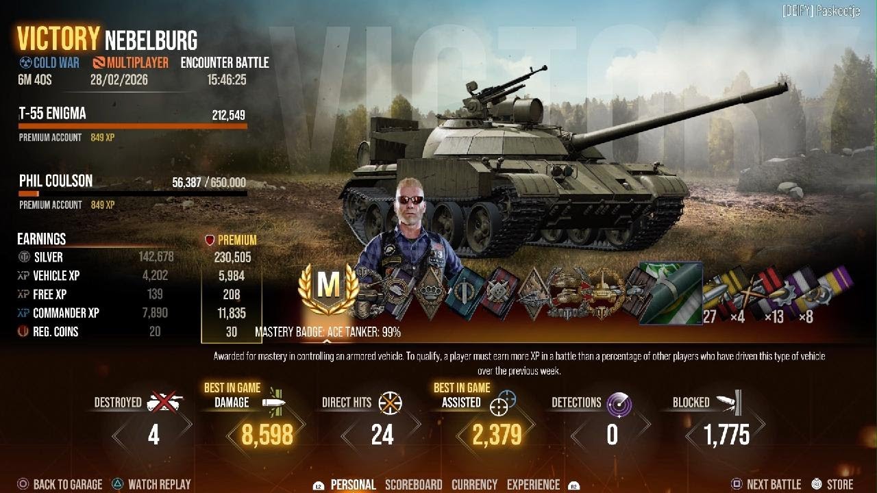 T-55 Enigma, Ace Tanker (#355), 4 Kills, 11k damage combined (WOT Modern Armor - Battle Tier: XII)