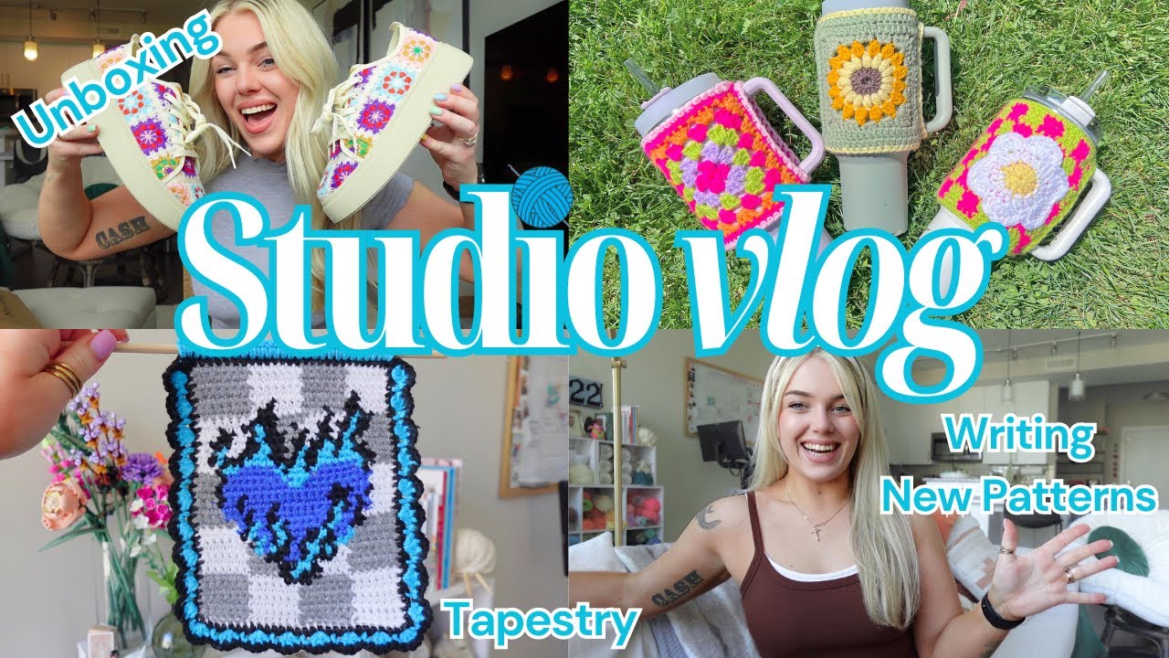 Crochet with me / Studio Vlog- tapestry, writing my own patterns & getting organized after a market