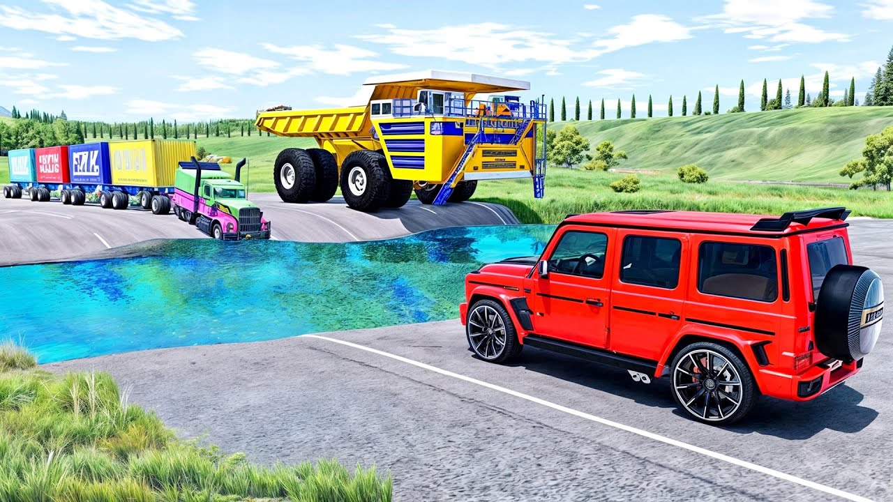 HT Gameplay Crash # 97 | Big Trucks vs Giant Water Pit Cars vs Speed Bumps Fail Road BeamNG Drive
