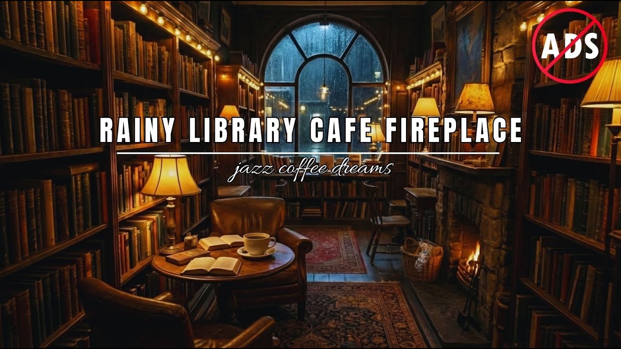 Rainy Library Café ☕📚 Smooth Jazz by the Fireplace | Cozy Reading & Relaxing Ambience