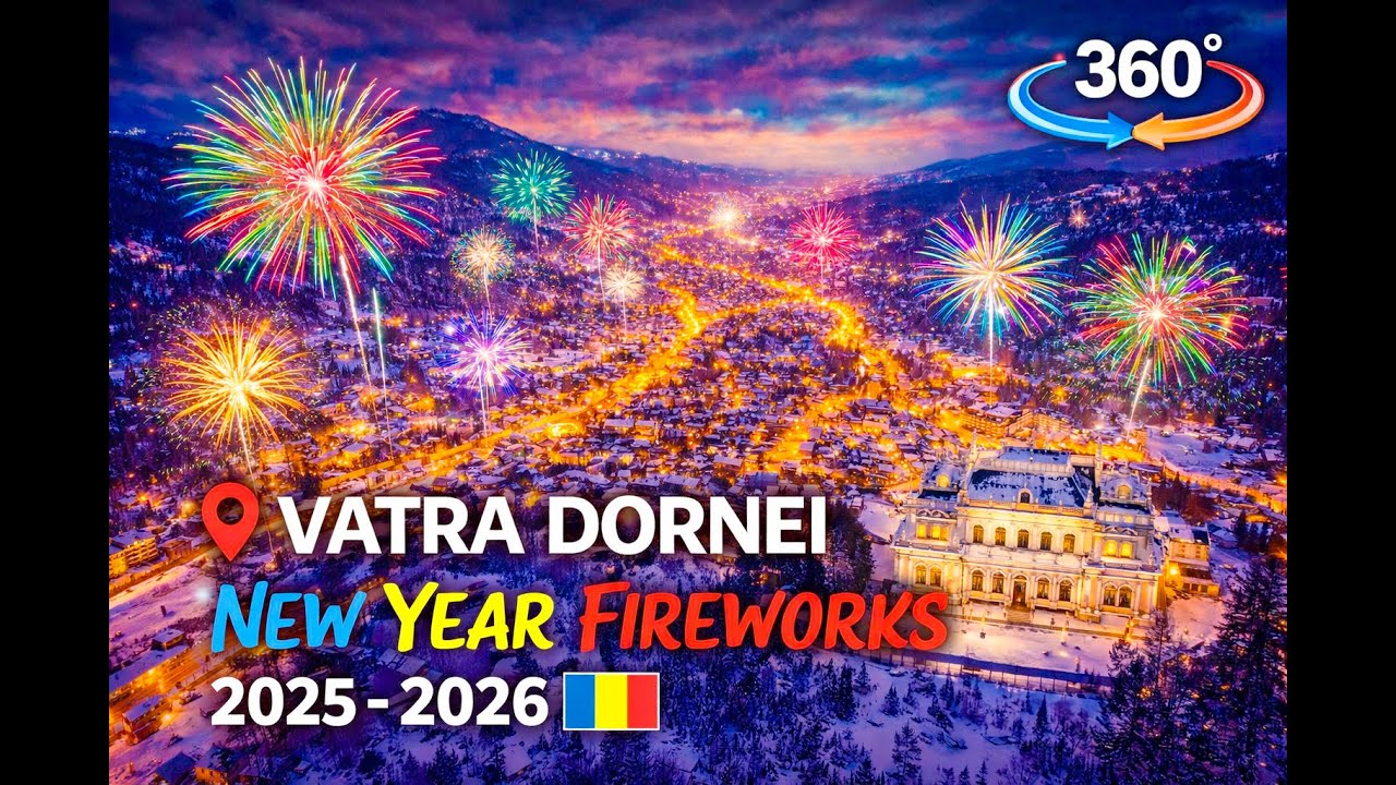 Vatra Dornei New Year Fireworks | 360° Drone Footage at Midnight | Romania | 2025–2026