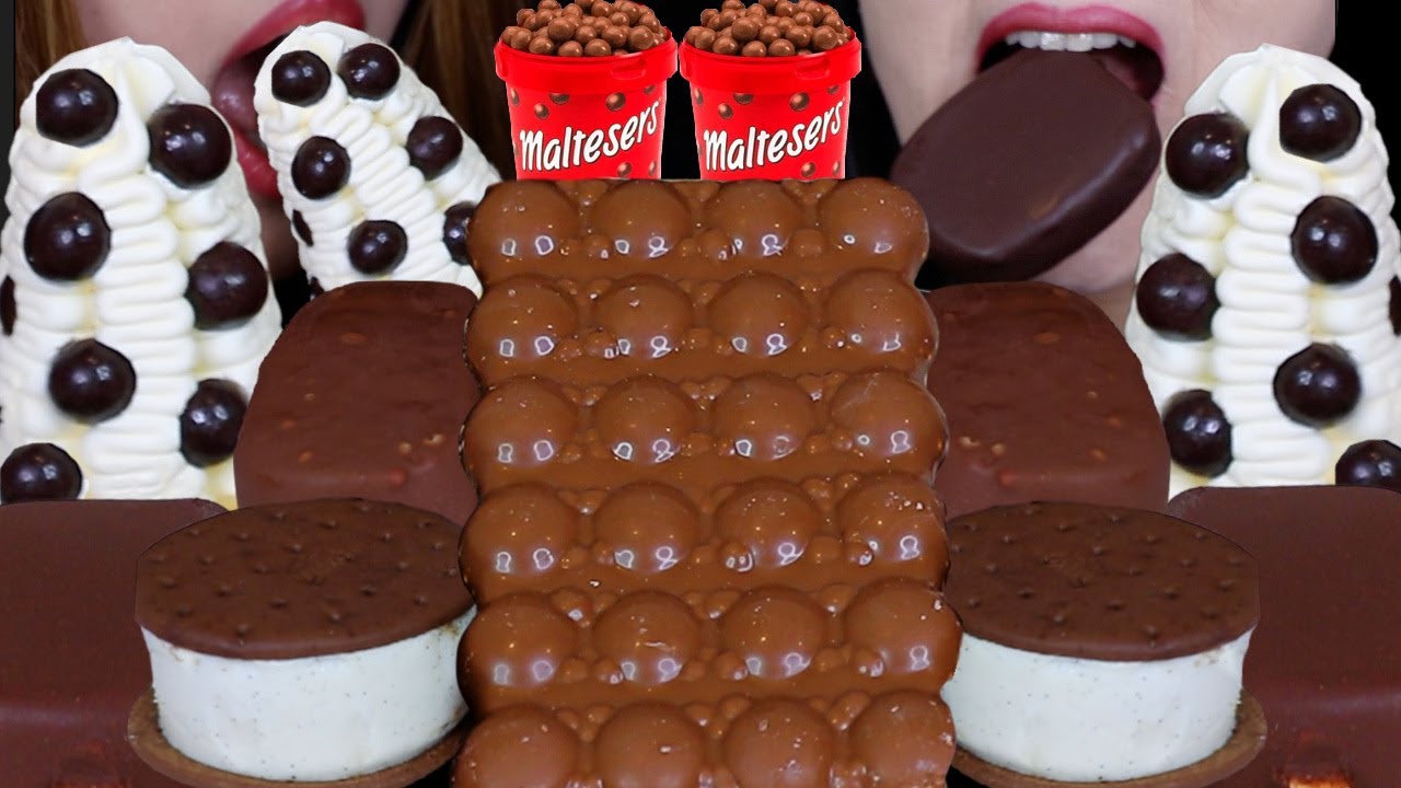 ASMR GIANT BUBBLY MALTESERS CHOCOLATE BAR, DARK DOVE ICE CREAM BAR, MALTESERS CONE, FERRERO & MILK
