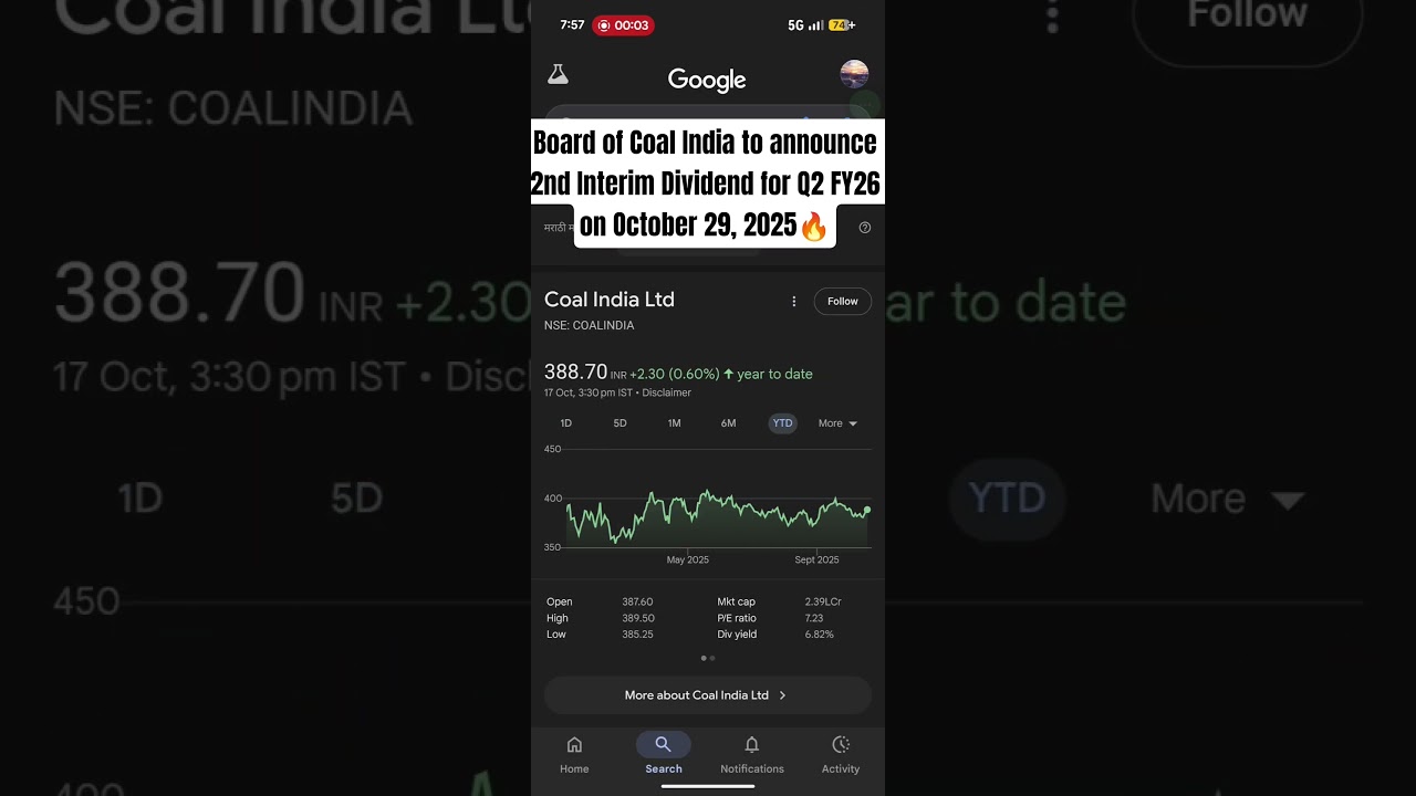 Coal India to announced 2nd Interim Dividend for Q2 FY26 on Oct 29, 2025🔥#nifty50 #sensex #nse #bse