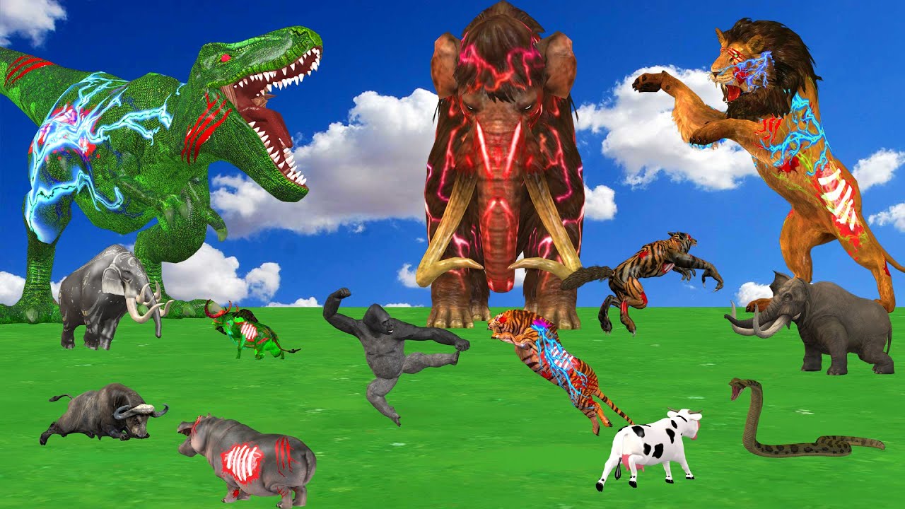 15 Mammoth Elephant Cow Gorilla vs 10 Giant Zombie Tiger Bull Attack Baby Cow Save By Woolly Mammoth