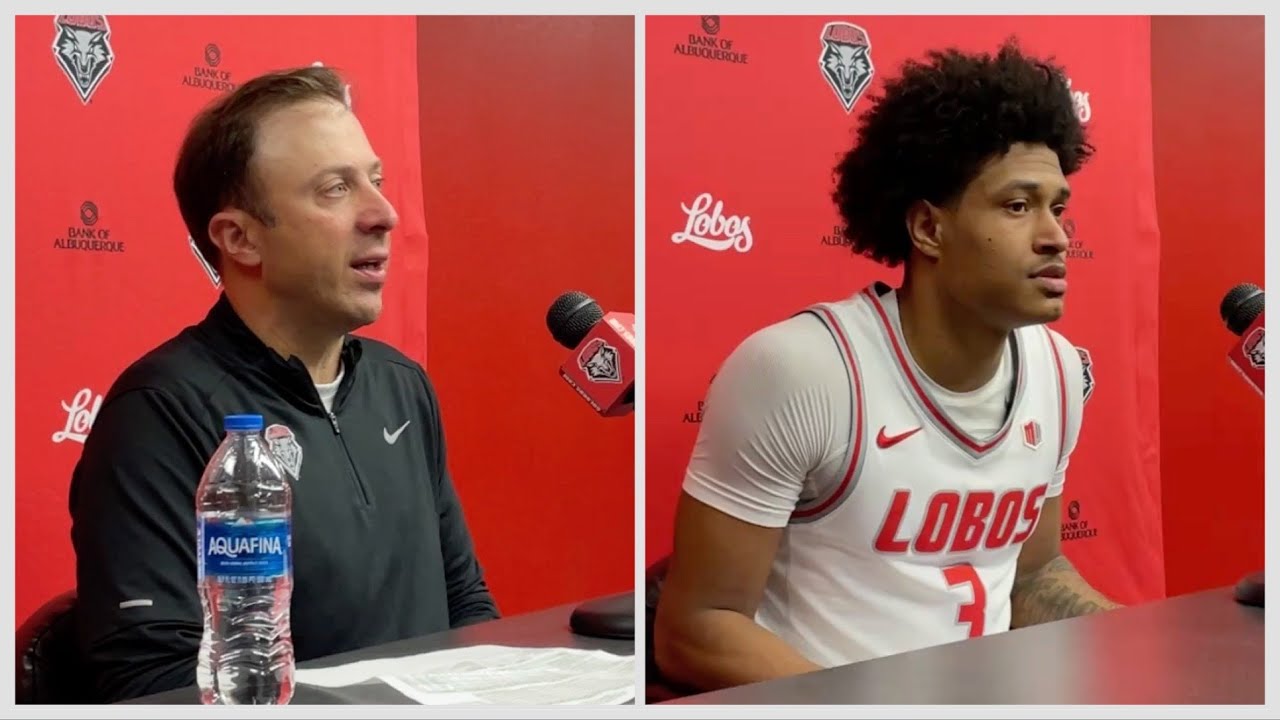 UNM coach Richard Pitino and guard Tru Washington with media after beating SDSU 62-48. (1/11/25)