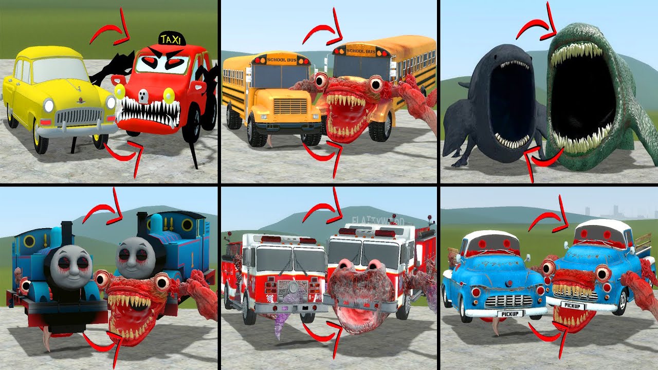 EVERYTHING TURNED INTO MONSTERS: TAXI CAR EATER, SCHOOL BUS EATER, THE BLOOP, TRAIN EATER IN GMOD!!