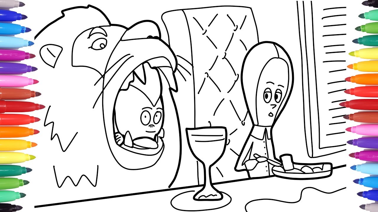 THE ADDAMS FAMILY COLORING BOOK - WEDNESDAY KITTY KAT AND PUGSLEY - ADDAMS FAMILY COLORING PAGES