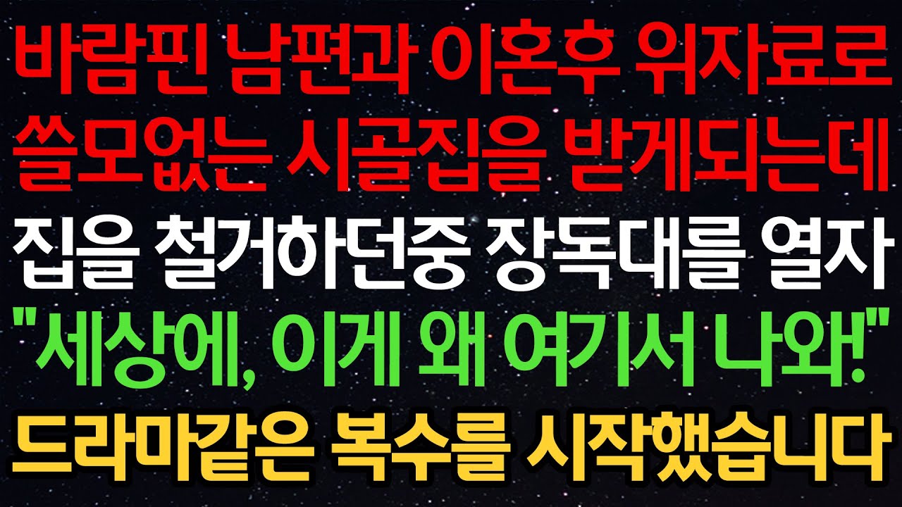 바람핀 남편과 이혼후 위자료로 쓸모없는 시골집을 받게 되는데 집을 철거하던중 장독대를 열자 &ldquo;세상에, 이게 왜 여기서 나와!&rdquo; 드라마같은 복수를 시작했습니다
