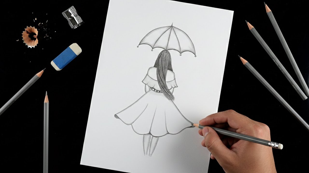 How to Draw a Girl with Umbrella - Easy Pencil Sketch Tutorial