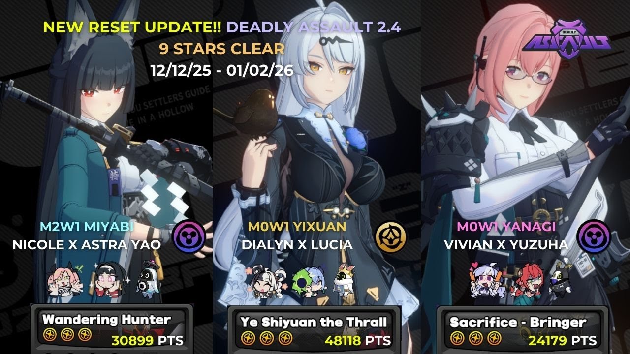 NEW !! Deadly Assault 2.4 9 Stars | M2W1 Miyabi, M0W1 Yixuan & M0W1 Yanagi Teams | ZZZero 2.4