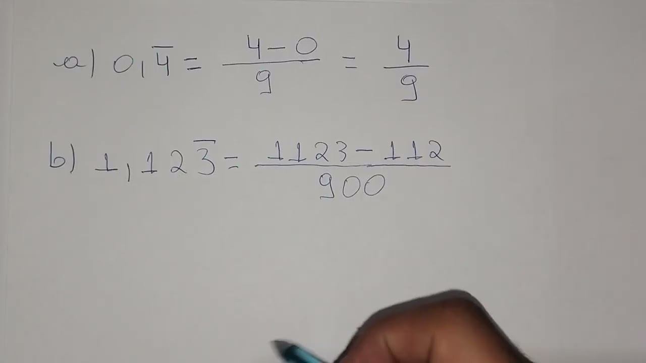 Determine a fração geratriz de cada dízima periódica. a) 0,4 b) 1,123 c) 0,023