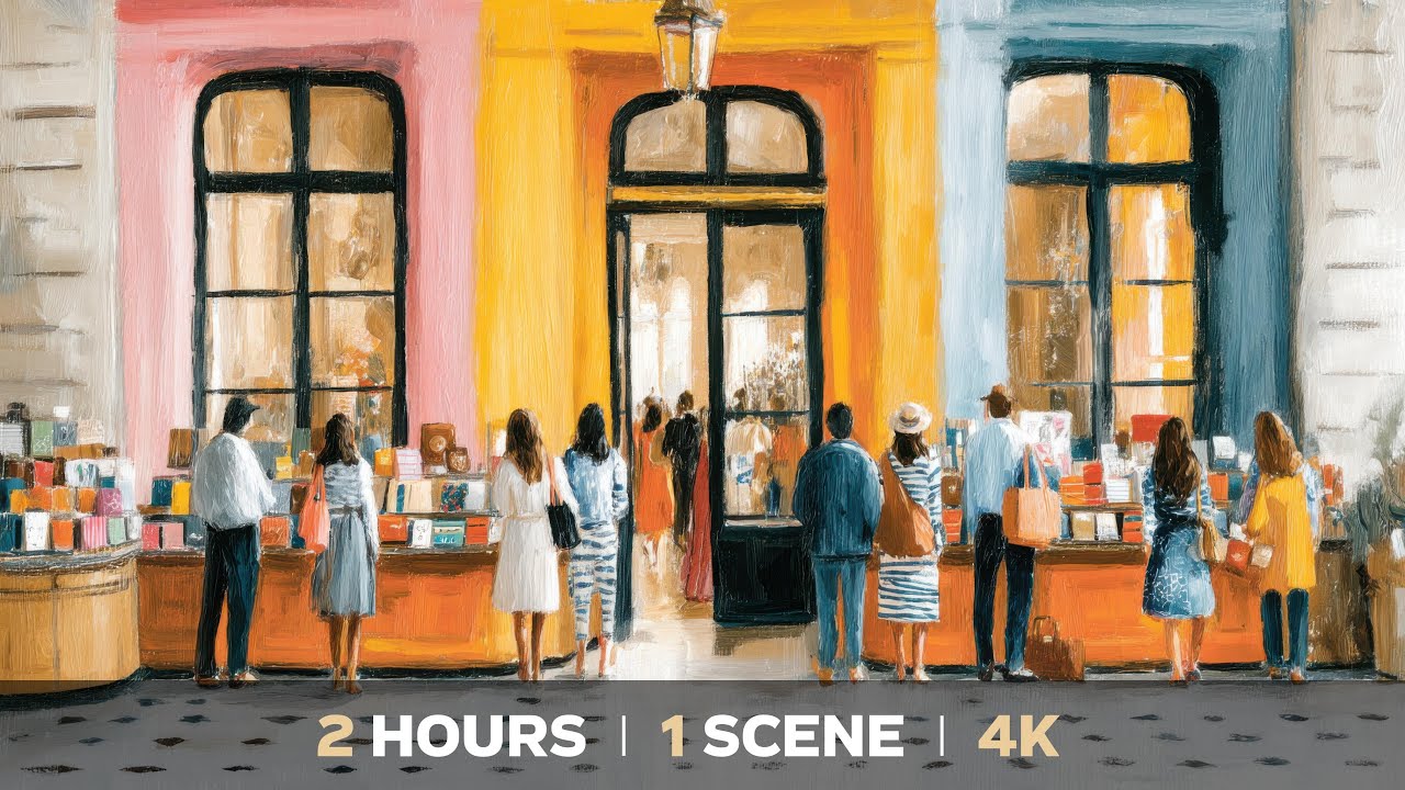 4K TV Art Wallpaper / Screensaver – Open-Air Book Market in Painted City Glow