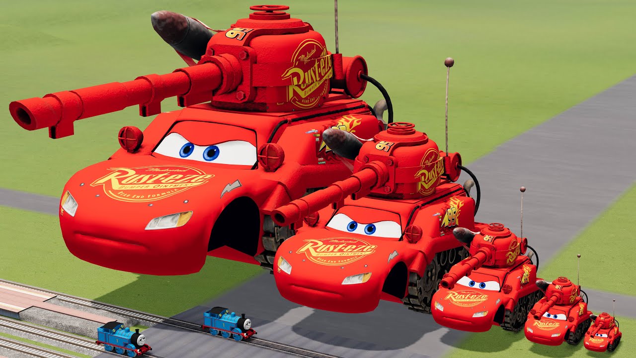 Big & Small Red Tank Lightning Mcqueen vs Train Thomas | BeamNG.Drive