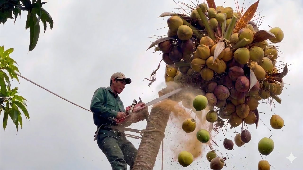 Cưa c&acirc;y Dừa si&ecirc;u tr&aacute;i thợ cưa,cưa ngan đọt tr&aacute;i rớt tự do như mưa.