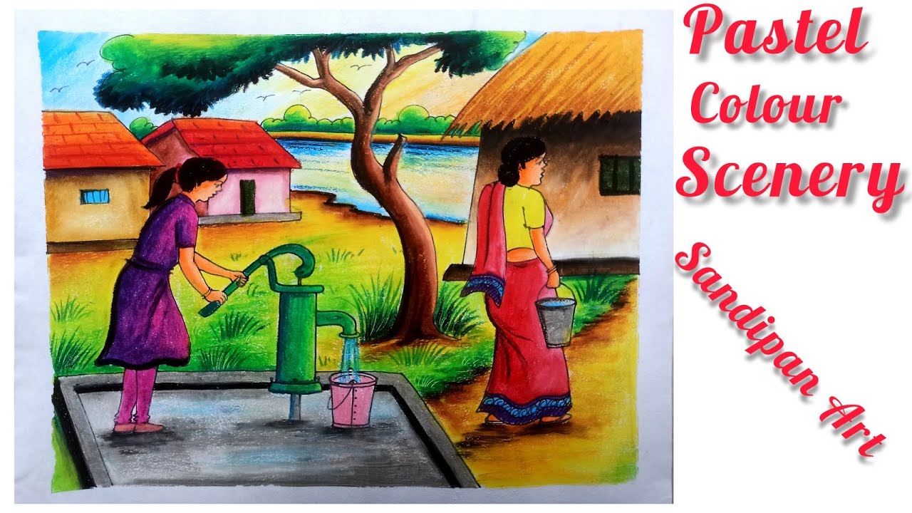 Easy village scenery drawing with oil pastel colours step by step || Sandipan Art