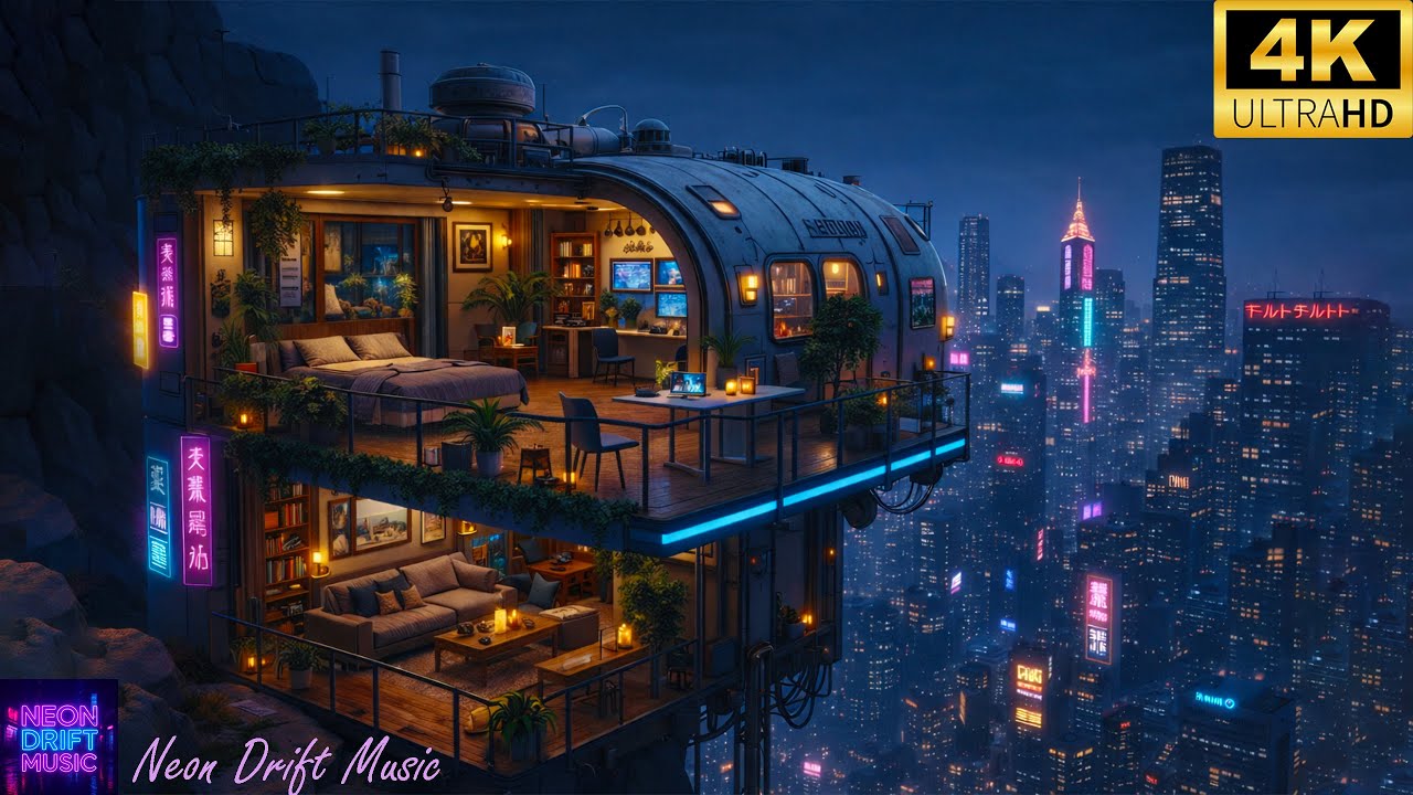 Lo-Fi Chill Music 🌧️ Cozy Cyberpunk Cabins Above Neon City | Calm Lofi Beats For Sleep & Relax