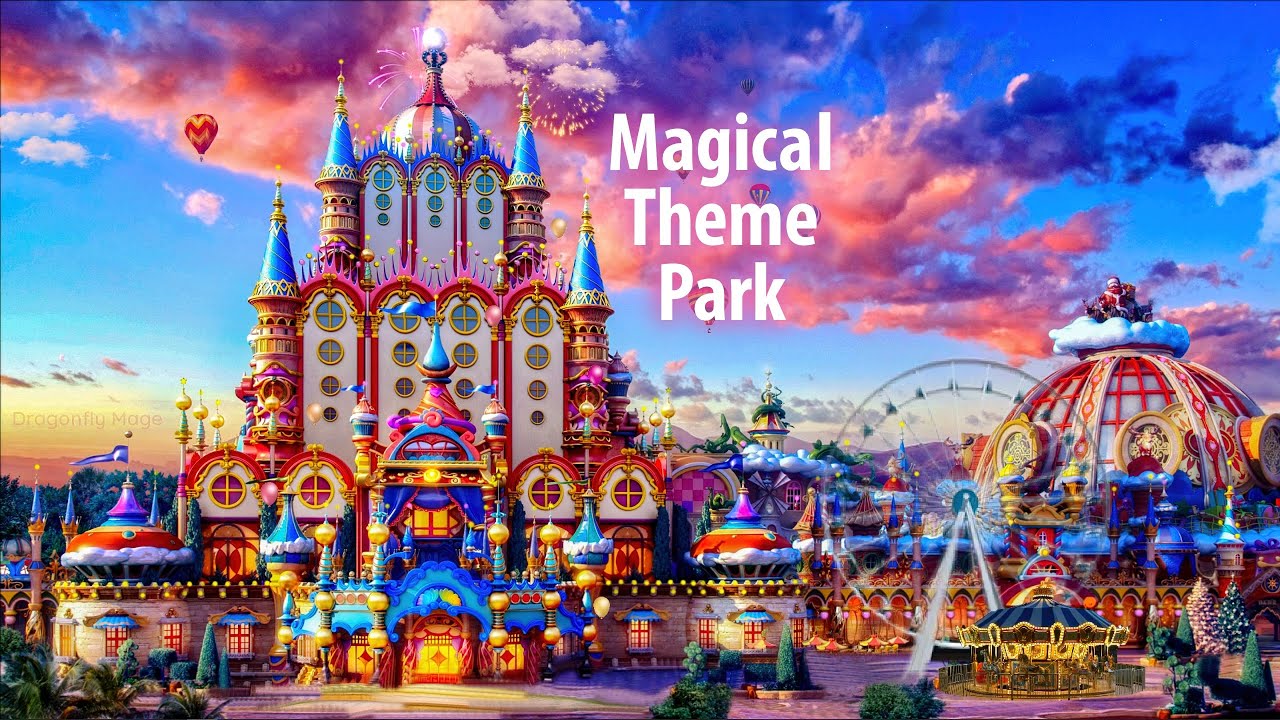 Magical Theme Park 🎈 ASMR Ambience (happy crowds, fireworks, roller coaster sounds) 🎆