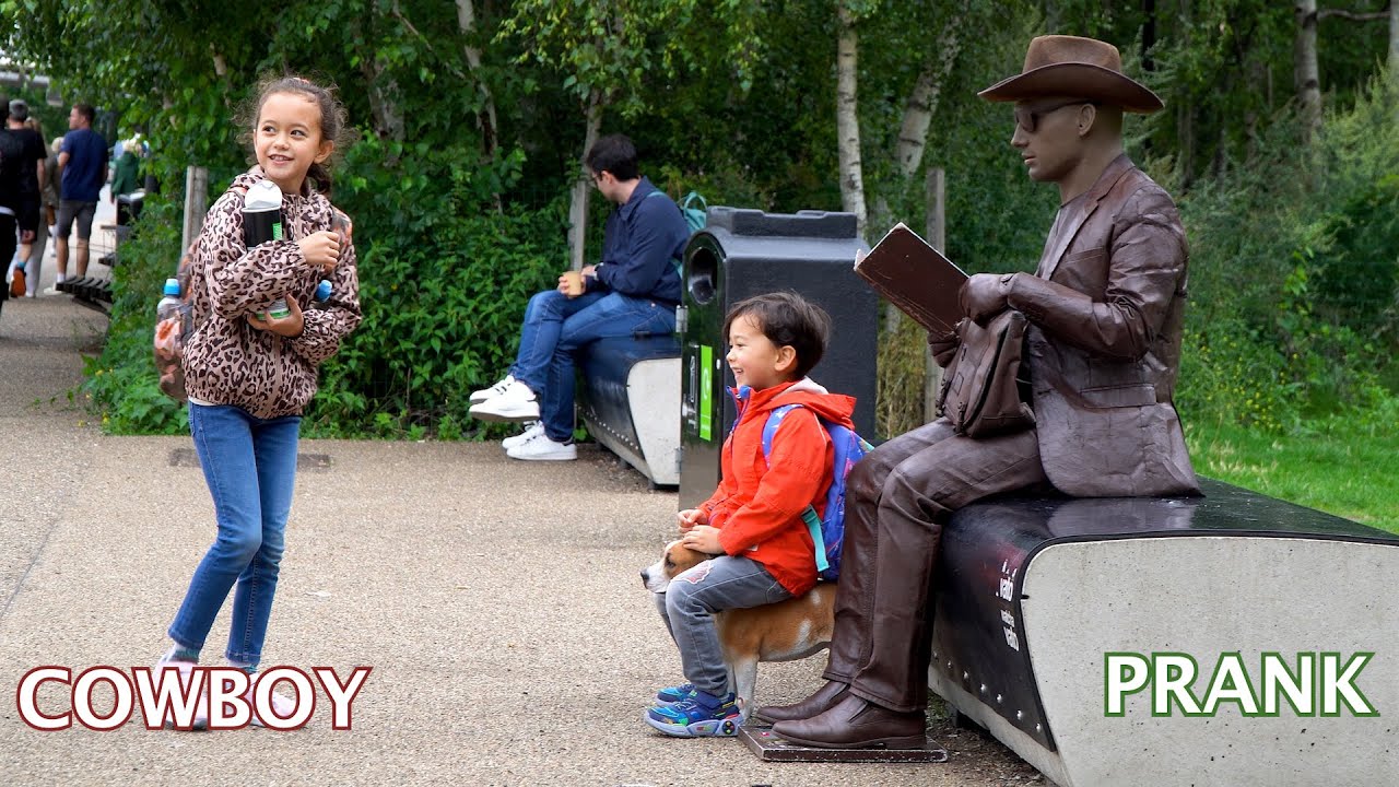 The statue moves and they run far away.#cowboy_prank .