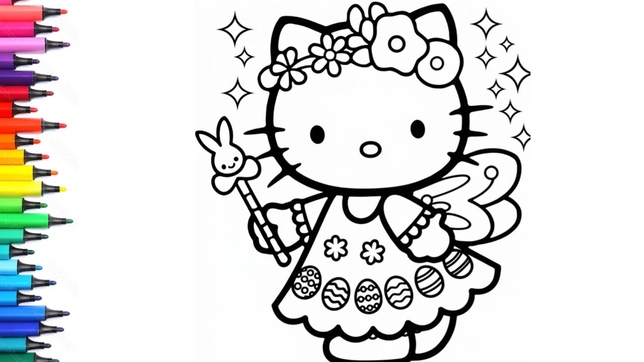 Рисунок, раскраска и рисование пасхальной феи-принцессы Hello Kitty для детей и малышей. Детское ...