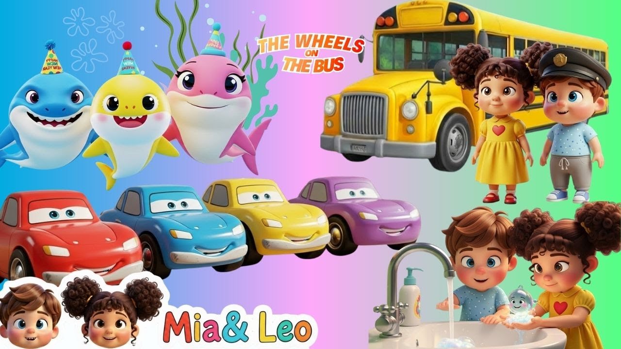 Wheels on the Bus + Baby Shark Winter Song | Learn Colors & Wash Hands | Mia & Leo 5 mins