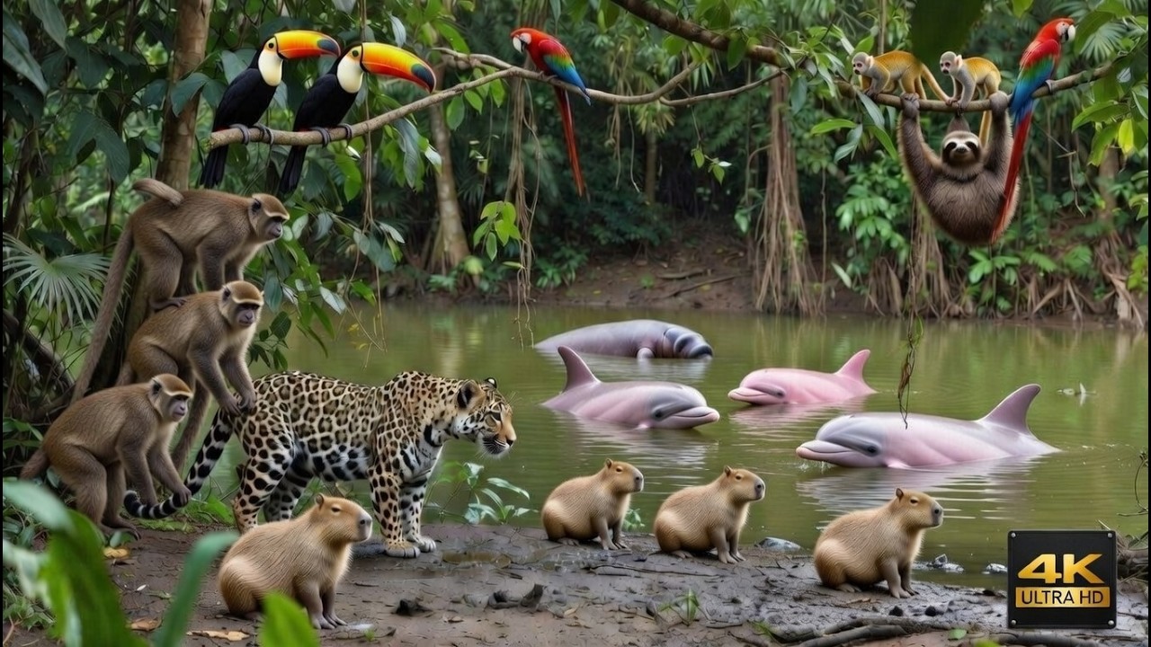 Relaxing Walk Along the Amazon | Animal Love Stories: Capybaras, Jaguars, Manatees, Sloths, Macaws
