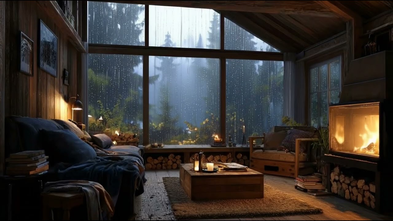 Sleep Deeply in a Cozy Cabin – 8 Hours Healing Rain & Fireplace Ambience | Rainy Forest Living Room