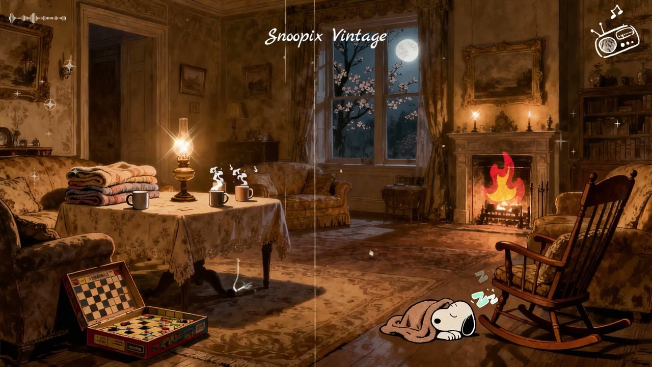 Snoopy by the Fireplace 🔥 [1940s/1950s] Vintage Jazz Playing in Another Room | Cozy Night Ambience
