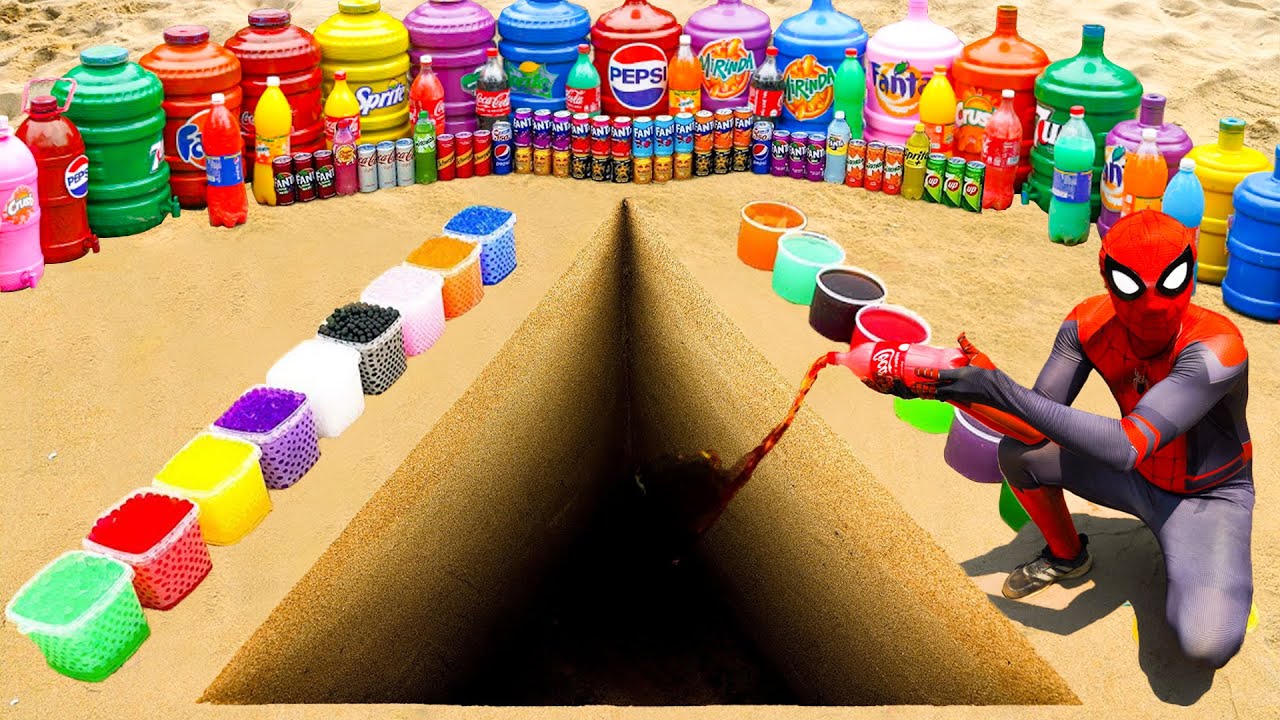 Spiderman & Big Toothpaste Eruption from Triangle pit, Orbeez, Coca Cola & Fanta, Mirinda and Mentos