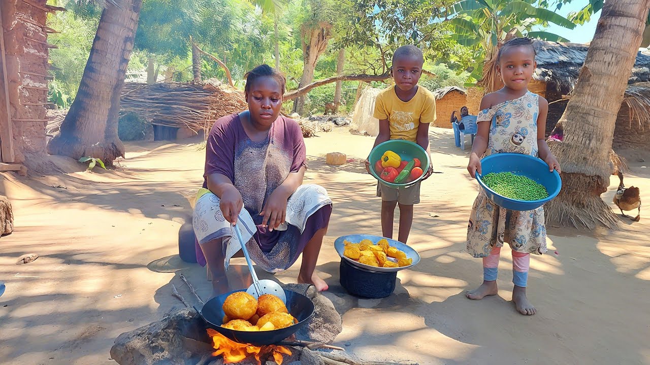 Authentic African Village Cooking | Mom Cooks Crispy Potato Balls & French Green Stew for Her Kids❤️